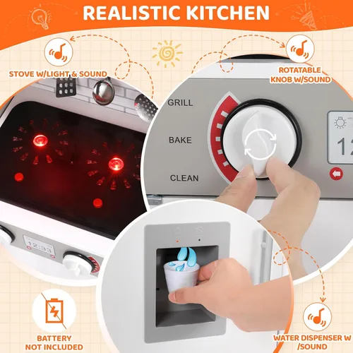Miniatura 6 de Arlopu Juego de cocina para niños, juego de juguetes de madera con diseño realista, sonidos de luces, ollas y utensilios para niños y niñas a partir