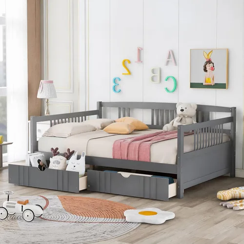 Miniatura 10 de Merax Sofá cama con cama nido, soporte de listones de madera, sofá cama moderno para sala de estar con rieles, tamaño completo, gris