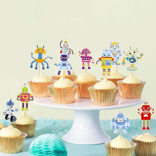 Miniatura 5 de Ercadio Paquete de 36 adornos para magdalenas de robots de dibujos animados impresos, selecciones de cupcakes, decoración de pasteles para temática