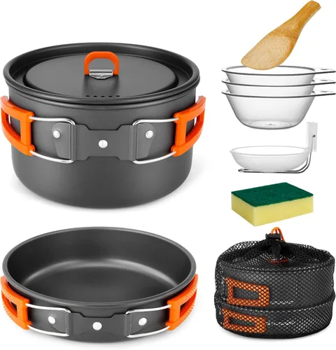 Miniatura 7 de Odoland Juego de ollas y sartenes ligeras antiadherentes con cuencos de plástico, cuchara de sopa para mochileros, cocina al aire libre y picnic
