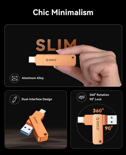 Miniatura 3 de ORICO USB 3.0 Flash Drive 150MB/S Carcasa de metal Diseño giratorio Soporte OTG Función 2 en 1 PenDrive 32GB para dispositivos USB C y USB A -EB05 O