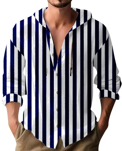 Miniatura 10 de Camisas de manga larga con botones para hombre, camisa con capucha a rayas verticales, casual, para vacaciones, verano, ligera, con cordón Z21