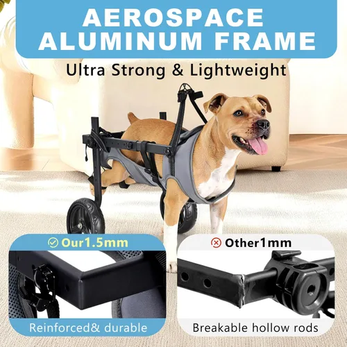 Miniatura 5 de Silla de ruedas para perros para patas traseras, altura/longitud/ancho ajustable, silla de ruedas resistente con ruedas que absorben los golpes, Gris