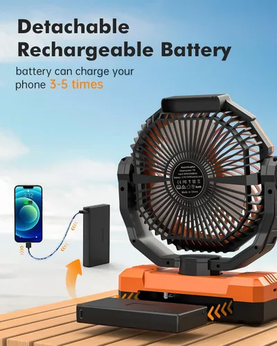 Miniatura 2 de Ventilador de camping 3 en 1 - Ventilador recargable con batería desmontable y gancho con luz para tienda de campaña, al aire libre - Ventilador