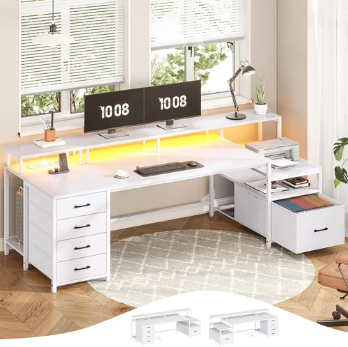 Miniatura 19 de SEDETA Escritorio para oficina en casa con cajón de archivos y toma de corriente, escritorio grande para computadora de 75' con 5 cajones, estantes