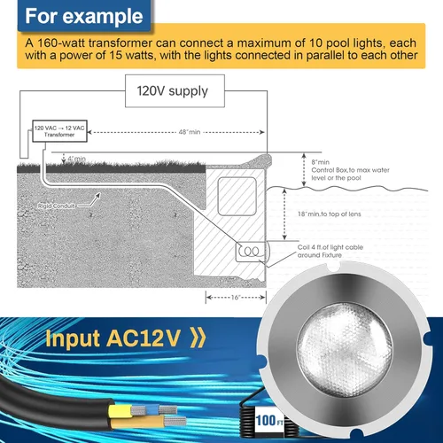 Miniatura 2 de Luces de piscina para piscina enterrada, luz LED de 1.5 pulgadas, luz de piscina y spa, IP68 impermeable, sin nicheles, AC12V, cable de 100 pies
