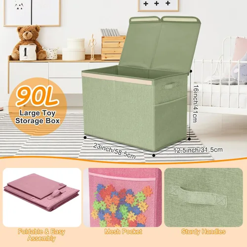 Miniatura 2 de Paquete de 3 Cajas Grandes de Almacenamiento de Juguetes de 23" con Cubos Contenedores de 11", Organizador de Juguetes Plegable con Tapas para Verde