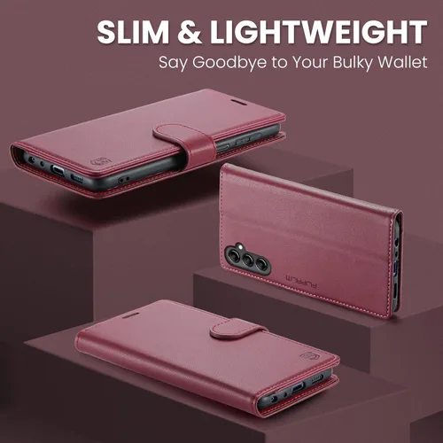 Miniatura 6 de FLIPALM Funda tipo cartera para Samsung Galaxy A14 5G con bloqueo RFID, soporte para tarjeta de crédito, de piel sintética, función atril, funda Rojo
