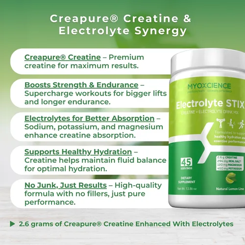 Miniatura 6 de MYOXCIENCE Electrolyte STIX Polvo de electrolito de creatina Recuperación del ejercicio y el desarrollo muscular con sal real