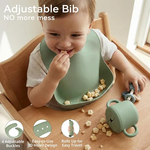 Miniatura 6 de Bufims Juego de alimentación de silicona para bebés, suministros de destete para bebés, utensilios esenciales para comer con placa de succión