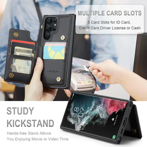 Miniatura 7 de Vinich Funda tipo cartera para Samsung Galaxy S22 Ultra con tarjetero y ranuras de crédito con bloqueo RFID, función atril, a prueba de golpes