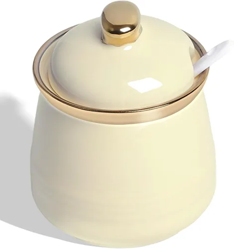 Azucarero de 12 oz con tapa y cuchara, tarro de azúcar de cerámica simple, contenedor de azúcar, dispensador de azúcar, accesorios de barra de café,