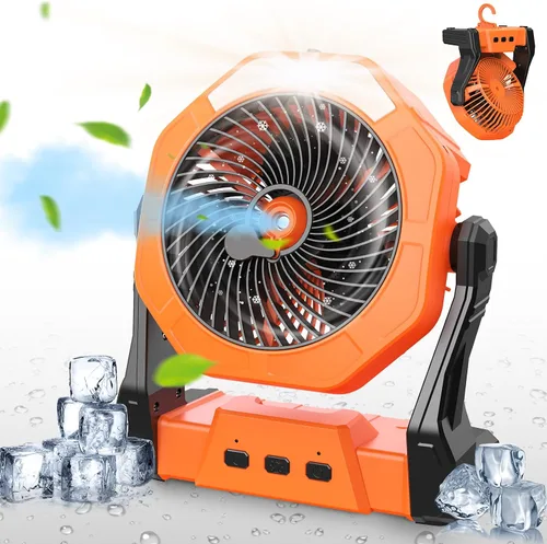 Miniatura 10 de Ausic Ventilador de camping portátil de niebla, ventilador de enfriamiento al aire libre de 8 pulgadas con luz LED, espray de agua, gancho