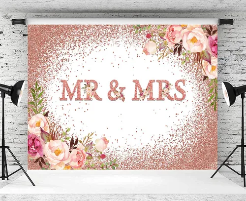 Miniatura 4 de Telón de fondo de boda de 5 x 3 pies con texto en inglés "Mr and Mrs Bridal Shower Fotografía", flores de oro rosa rosa con flores de novia