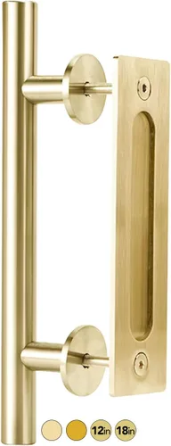 Rio Salto Kit de manijas de puerta de granero dorado de latón cepillado de 12 pulgadas, manija de puerta de armario, manija de aluminio sólido y