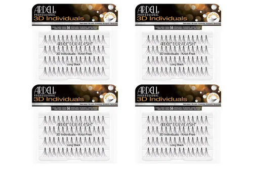 Ardell Pestañas individuales 3D, racimos de pestañas largas, color negro, diseño acampanado, extensiones de pestañas, 4 paquetes
