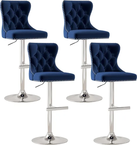 Miniatura 15 de Juego de 2 taburetes de bar, taburetes giratorios de terciopelo con respaldo copetudo, asiento ajustable con ribete de cabezas de clavos, sillas