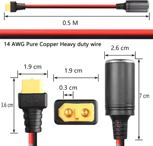 Miniatura 4 de SinLoon Encendedor de cigarrillos de automóvil hembra a XT60 hembra, cable de encendedor de cigarrillos de 14 AWG, para inflador de neumáticos