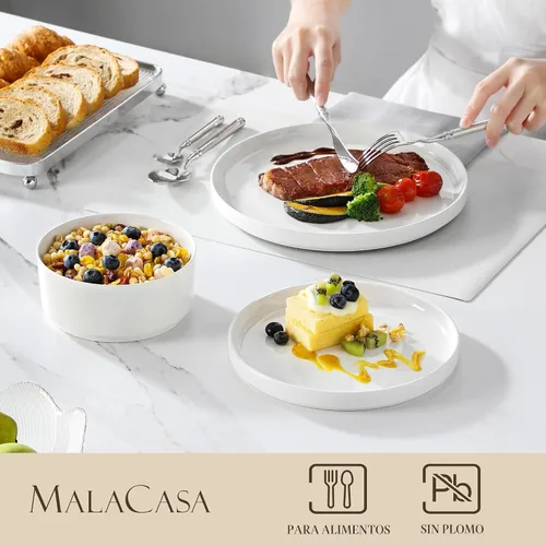Miniatura 3 de MALACASA Juego de vajilla de porcelana de 12 piezas, moderno juego de platos blancos para 4, juegos de platos y cuencos de primera calidad