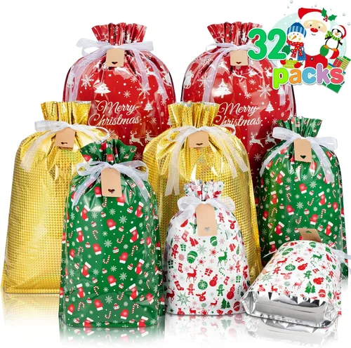 Tiblue Bolsas de regalo de Navidad con cordón, 32 bolsas de Navidad de pie con etiquetas, bolsas de regalo de vacaciones, tamaños surtidos para