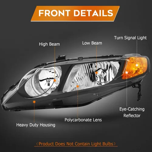 Miniatura 3 de Conjunto de faros delanteros para Honda Civic Sedan 4 puertas 2006-2011 carcasa negra reflector ámbar lente transparente conductor y pasajero lado