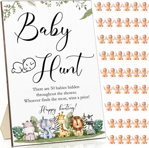 Roowest Los juegos de baby shower de 51 piezas incluyen letrero de caza de madera, 50 mini juegos de plástico para baby shower, revelación de