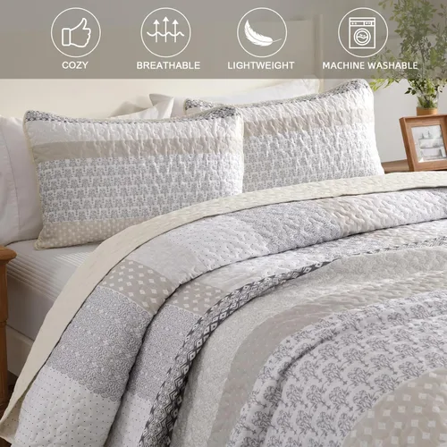 Miniatura 6 de WONGS BEDDING Juego de edredón beige tamaño individual, juego de edredón de rayas bohemias de 3 piezas, juego de colcha acolchada de microfibra