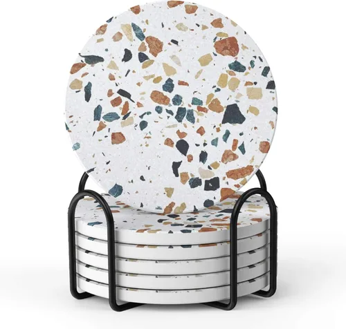 Miniatura 10 de LIFVER Juego de 6 posavasos para bebidas, piedra absorbente con soporte, posavasos de cerámica estilo mármol negro para protección de mesa, amarillo