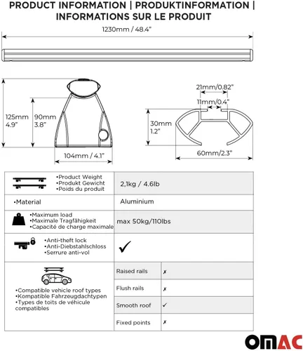 Miniatura 4 de Barras transversales de techo OMAC para Honda Civic Hatchback 1996-2000, con cierre, 49.9 kg, aluminio, negro, 2 piezas, se ajusta a portaequipajes
