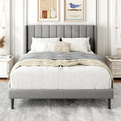 Miniatura 10 de Gruwans Estructuras de Cama Individual con Cabecera Wingback, Camas de Plataforma Tapizadas, No Necesita Somier, Soporte Resistente de Listones