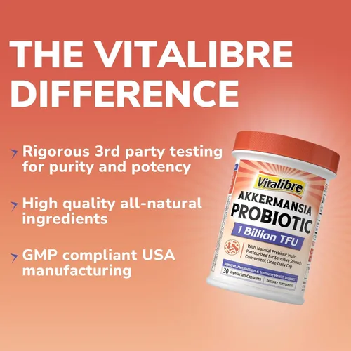 Miniatura 7 de Vitalibre Akkermansia Muciniphila Probiotic 1 mil millones de TFU con inulina prebiótica natural, aumenta naturalmente GLP-1, digestión saludable