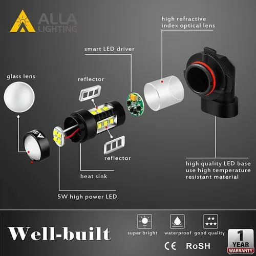 Miniatura 3 de Alla Lighting Bombillas LED antiniebla 9006 HB4 de 2400 lúmenes, 6000 K, xenón blanco superbrillante, lámparas antiniebla de repuesto