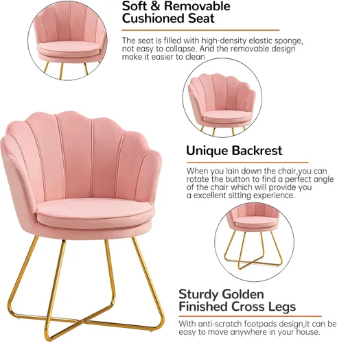 Miniatura 6 de Furniliving Sillas de tocador rosas, silla de maquillaje de terciopelo para dormitorio, silla de escritorio de oficina en casa con patas chapadas