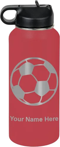 Miniatura 37 de LaserGram Botella de agua personalizada, pelota de fútbol, acero inoxidable de doble pared aislada al vacío con popote superior, regalo grabado