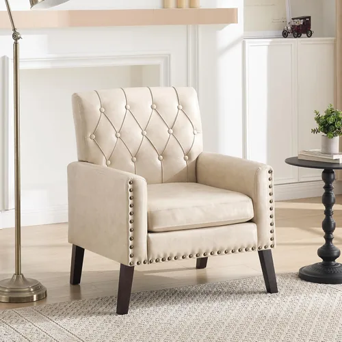 Miniatura 17 de Sillas decorativas modernas de mediados de siglo, silla de oficina de felpilla beige para recepción, silla de club tapizada para sala de estar