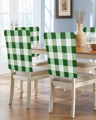 Miniatura 13 de Juego de 4 fundas para respaldo de silla a cuadros de color blanco crema, fundas extraíbles lavables para sillas de comedor, modernas, geométricas