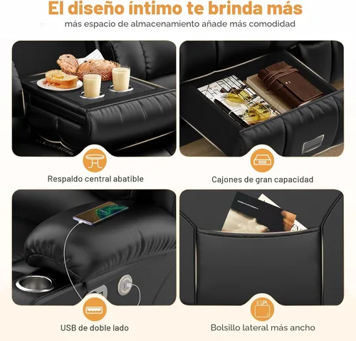 Miniatura 5 de Dresegmt Sofá reclinable biplaza, diseño de respaldo central abatible, sofá reclinable de 3 asientos de piel sintética con cajón de almacenamiento