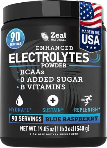 Miniatura 11 de Zeal Electrolyte Powder - 90 porciones Polvo de electrolitos Keto Cero azúcar, BCAA, vitaminas B Potasio, zinc, magnesio Bebida