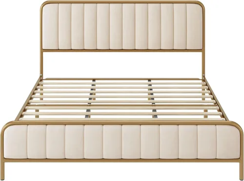 Miniatura 7 de HITHOS Base de cama tamaño individual con cabecera tapizada con botones, base de colchón de metal resistente con listones de madera, fácil