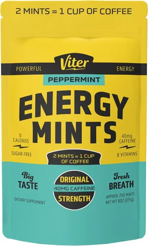Viter Energy Mentas con cafeína, 40 mg de cafeína, vitaminas B, sin azúcar. (menta, 8 onzas, bolsa a granel)