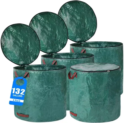 Miniatura 8 de Paquete de 2 bolsas de basura reutilizables de 32 galones con tapa con cremallera, bolsas de basura de jardín con 4 asas para exteriores