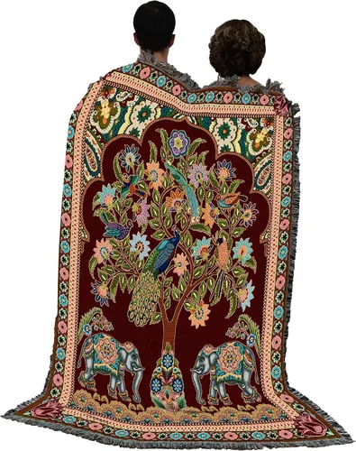 Miniatura 3 de Pure Country Weavers Manta de elefantes asiáticos, diseño de árbol de la vida, tejida de algodón, fabricada en los Estados Unidos (72 x 54 pulgadas)