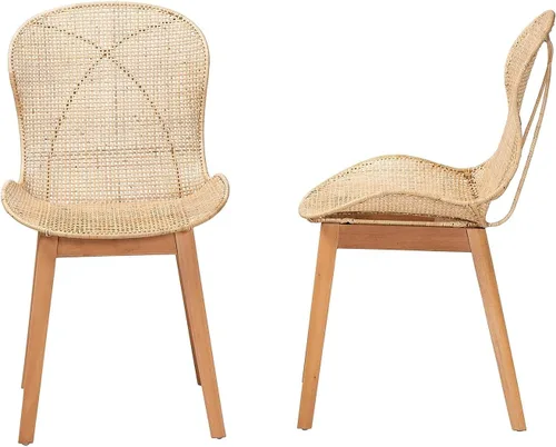 Miniatura 3 de Baxton Studio Sabelle Japandi - Juego de 2 sillas de comedor de caoba y ratán marrón natural