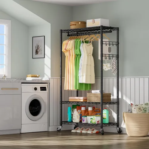 Miniatura 9 de Estante para ropa resistente con ruedas enrollables, estante para prendas con 3 niveles ajustables de estanterías de alambre para colgar ropa