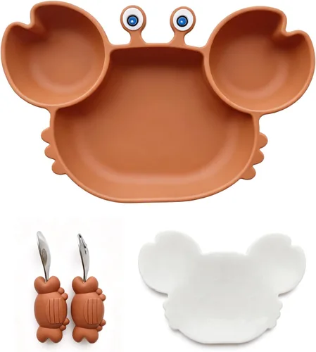 Miniatura 9 de Bandeja de comida en forma de cangrejo con base de succión y tapa, caja Bento para adultos de 7.4 x 7.4 x 1.5 pulgadas, silicona de grado