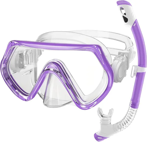 Miniatura 14 de 2 juegos de equipo de esnórquel para niños de 3 a 14 años, antivaho 180° Clear View Dry Top Snorkel Set, máscara de natación con cubierta nasal