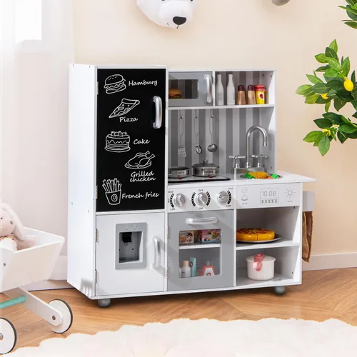 Miniatura 8 de Costzon Juego de cocina para niños, juego de cocina de chef de madera grande con sonidos y luces reales, microondas, pizarra, horno, máquina