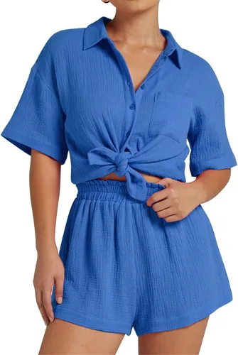 Rousytn Conjunto de 2 piezas para mujer, conjunto de ropa deportiva de algodón y lino, conjunto a juego de camisa y pantalones cortos con botones