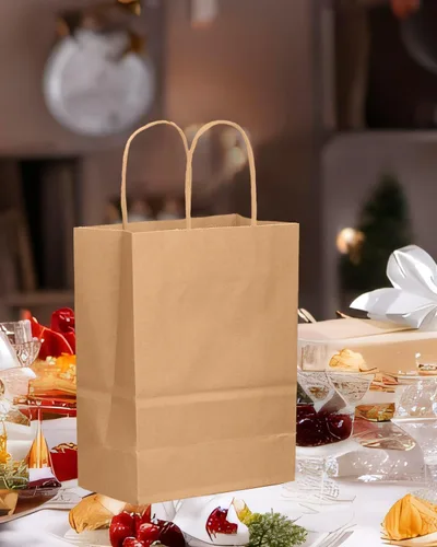 Miniatura 6 de qiqee 100 bolsas de regalo de papel de tamaño mediano con asas a granel de 7.6 x 4.75 x 10.5 pulgadas, bolsas de regalo marrones para múltiples usos