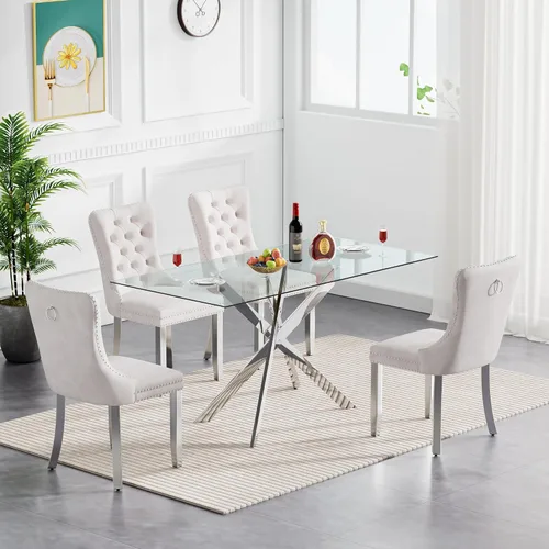 Miniatura 80 de Juego de 4 mesas de comedor de cristal para 4, juego de 4 mesas y sillas de cocina modernas, juego de mesa de comedor de cocina de 5 piezas con mesa
